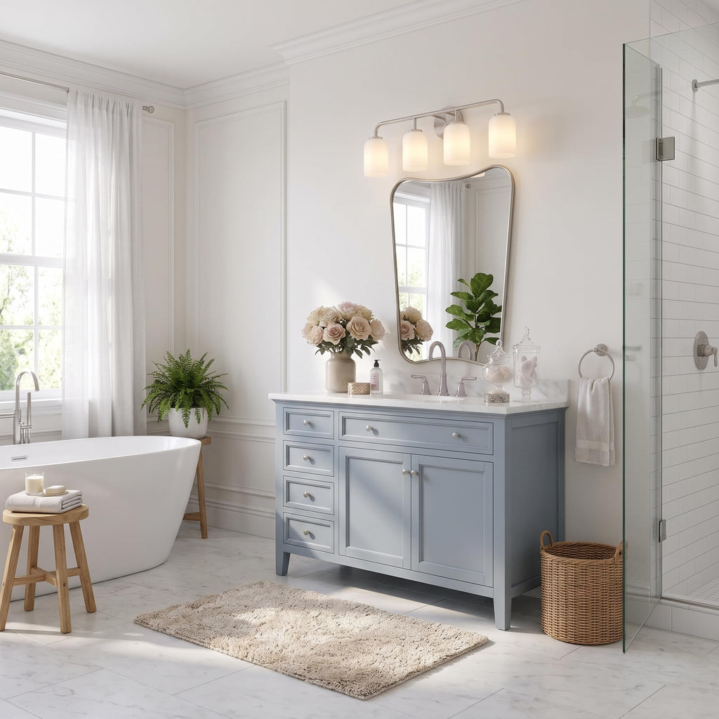 Brushed Nickel Asymmetrical Wall Mirror, 24x32 Inch Bathroom Vanity Mirror, Butterfly Shaped Designer Mirror Ideal