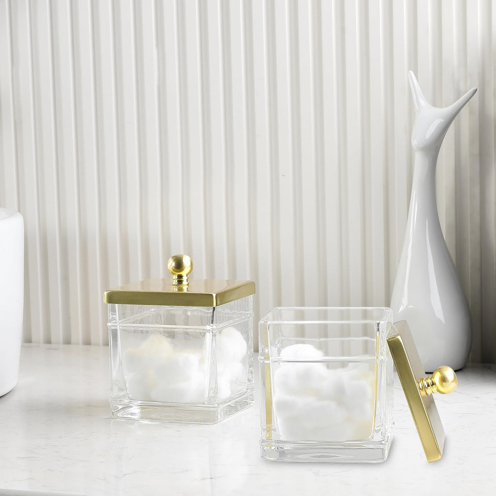 Glass Cotton Jar Holder 2 Pack- Brushed Gold Lid, Elegant Bathroom Storage Canister for Qtips, Cotton Balls, Floss