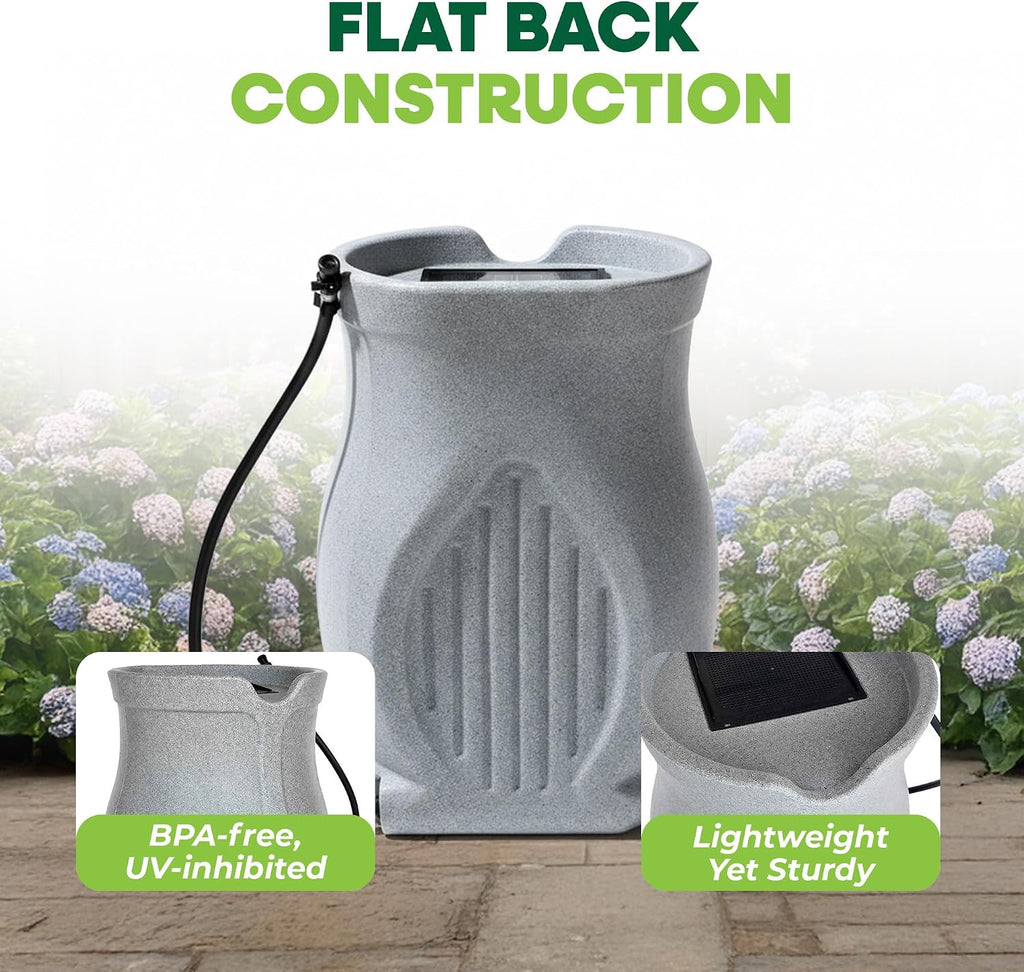 Catalina 45-Gallon Rain Barrel - BPA-Free Flat-Back Design with 3.5 Foot Garden Hose, Shut-Off Thumb Valve, and Fixed
