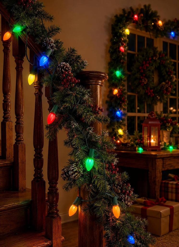 C9 Christmas Lights Outdoor 100FT Multicolor LED String Lights 100+4 Bulbs IP65 Waterproof Connectable Warm White