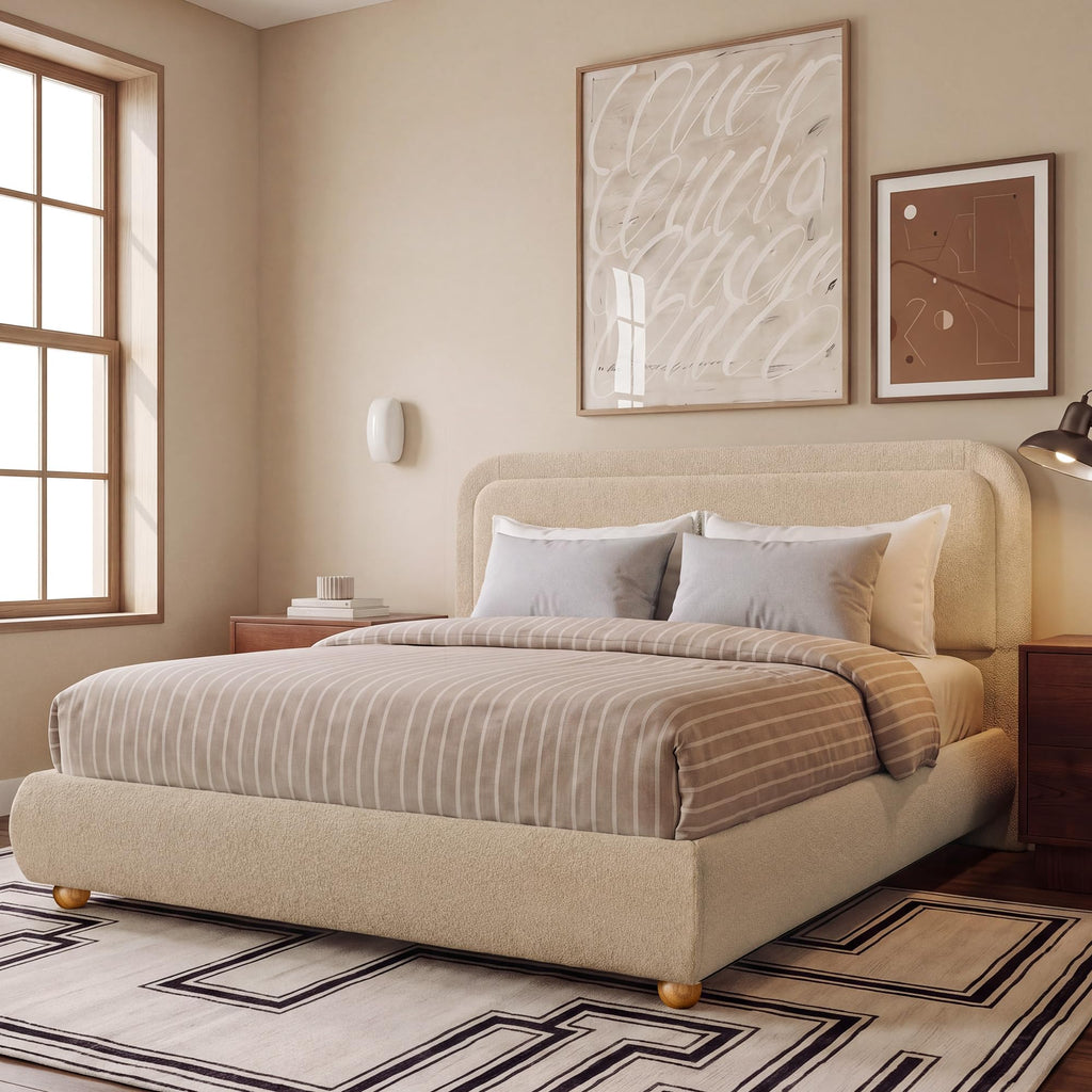 Boucle Cloud Full Bed Frame with Headboard, Solid Wood Legs, Khaki