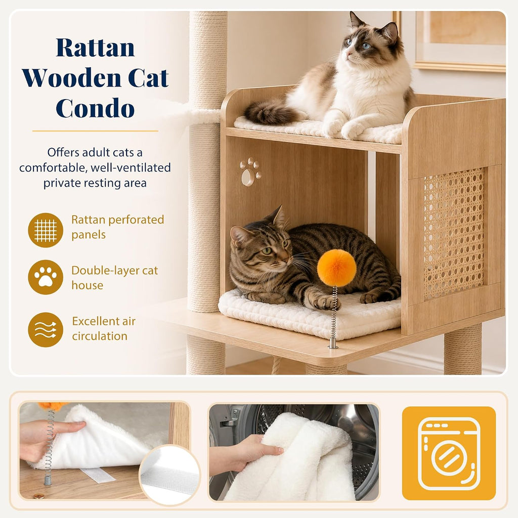 Wooden Cat Tree Tower with Rattan Condo, Big Platform