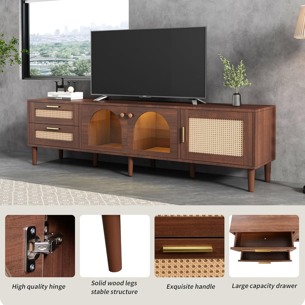 Rattan TV Stand with LED Lights, 70" Entertainment Center with 3 Cabinets & 2 Drawers Media Console Table for TVs Up