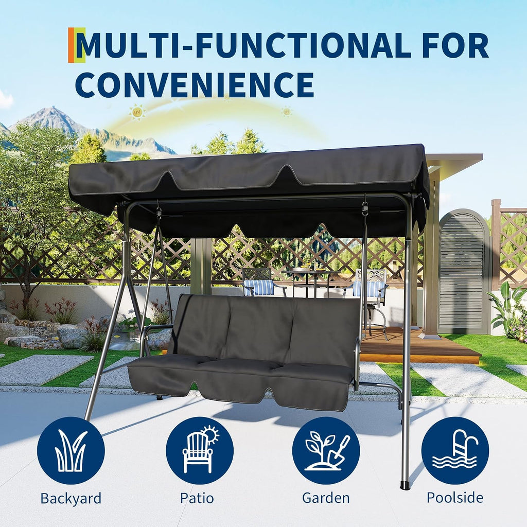 3 Seat Outdoor Porch Patio Swing with Stand and Adjustable Canopy, 800lbs Patio Chairs Porch Swing with Adjustable