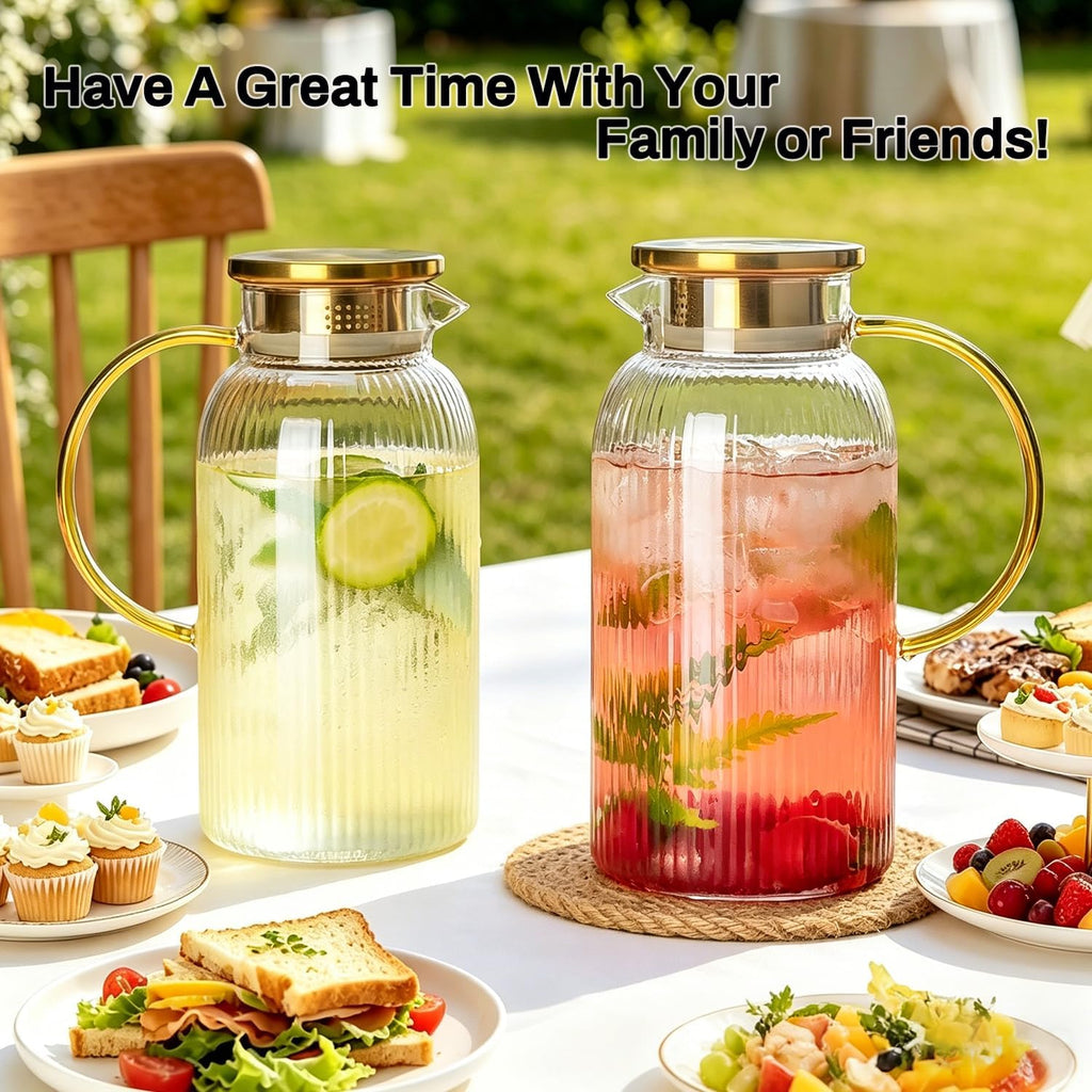 2 PACK Glass Pitcher with Lid, 68 oz/ 2L Classic Vertical Stripes Water Pitcher with Handle,Glass Water Carafe for