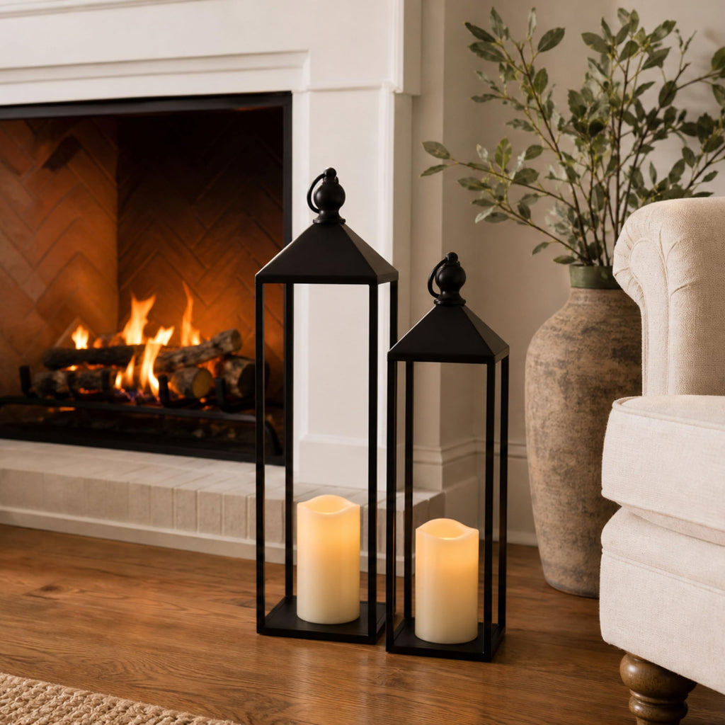 Decorative Lanterns for Indoor & Outdoor, Set of 2 Black Metal Lanterns (22" & 19") with LED Timer Flameless Candles