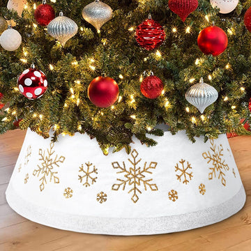 Christmas White Tree Collar Ring, 30'' Plush Gold Snowflake Sequin Tree Skirt, Christmas Artificial Tree Base Stand