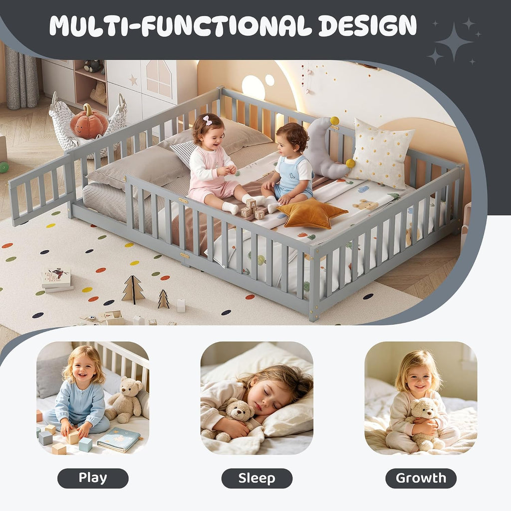 Floor Bed Frame with Fence & Slats, Rubber Wood Montessori Floor Bed with Safety Guardrails &