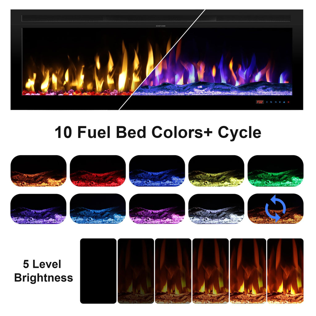54" Electric Fireplace, Wall Mounted & Insert Electric Fireplace, W/Mixed Color Flame, Adjustable Brightness & Speed