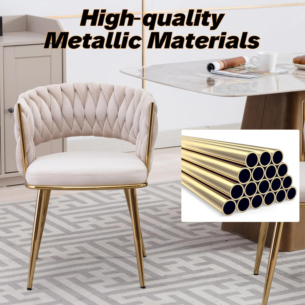 Velvet Woven Dining Chairs Set of 2, Modern Hand Weaving Dining Chair with Hollowed Backrest, Upholstered Club Chairs