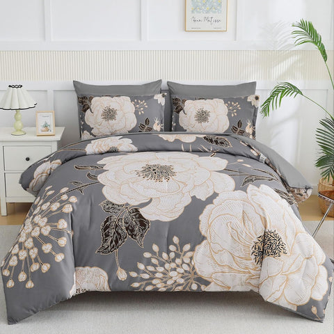 Luxudecor Floral King Comforter Set 7 Pieces Bed in a Bag, White Flower Print on Grey Bedding Set