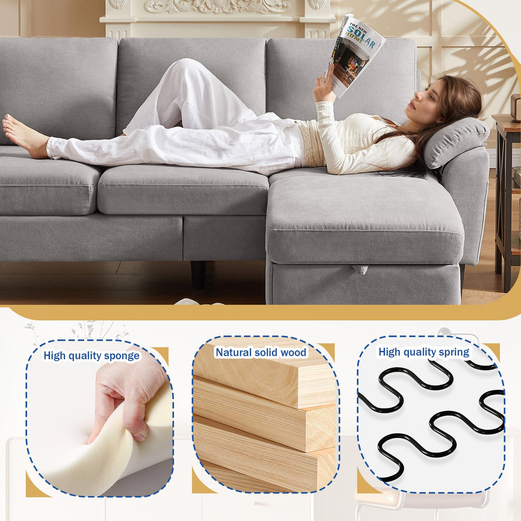 80" Convertible Sectional Sofa, Small L Shaped 3 Seat Couch with Reversible Storage Chaise, Modern Polyester Fabric