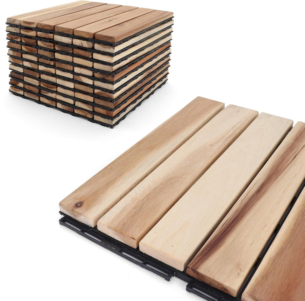 Deck Tiles - Patio Pavers - Acacia Wood Outdoor Flooring - Interlocking Patio Tiles - 12"x12" (10 Pack) - Natural