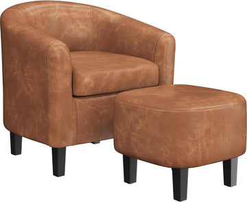 Faux Leather Barrel Accent Chair with Ottoman, Brown
