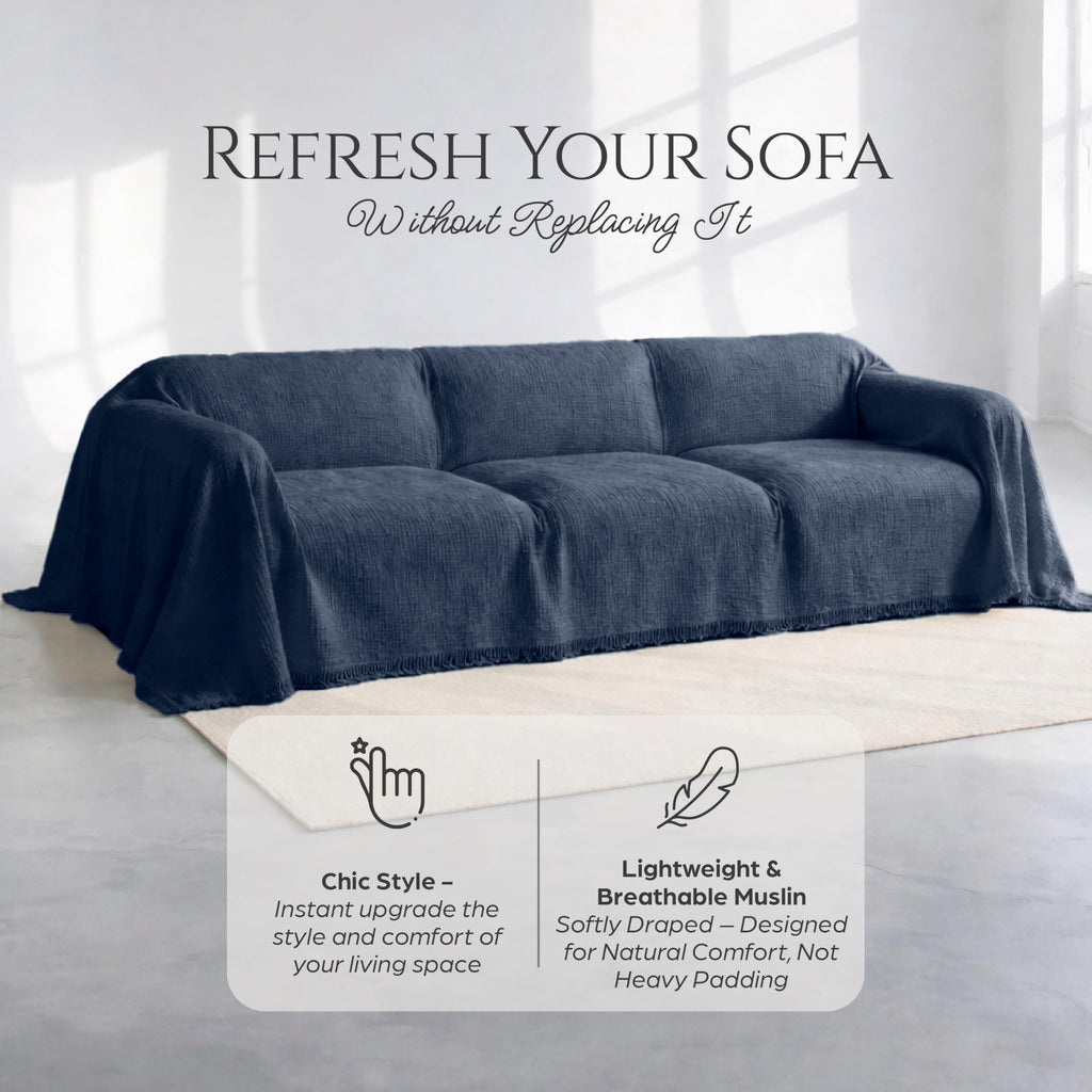 Large Gauze Sofa Cover%100 Pure Cotton, Couch Covers for 3 Seater, 4 Seater Sofa, Sectional, 4 Layered Natural Muslin
