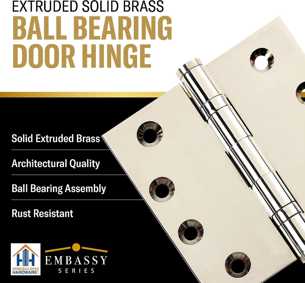 Door Hinge Solid Brass - 3.5 x 3.5 Inch, Heavy Duty, Polished Nickel, Ball Bearings, Rust Resistant Pin