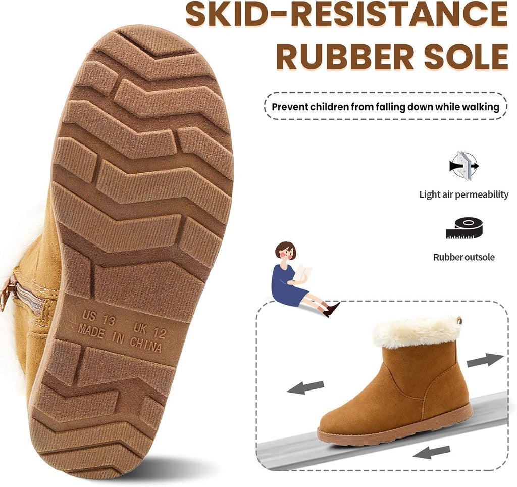 Girls-Boots-Warm-Ankle-Winter-Boots Kids Soft Plush Lining Fur Collar with Zipper Snow Bootie Indoor Outdoor Shoes