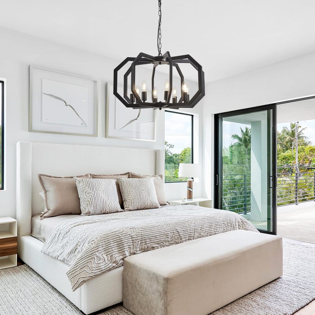 8 Black Light Farmhouse Chandelier Dining Room Light Fixture Geometric Modern Rustic Hanging Pendant Light Island