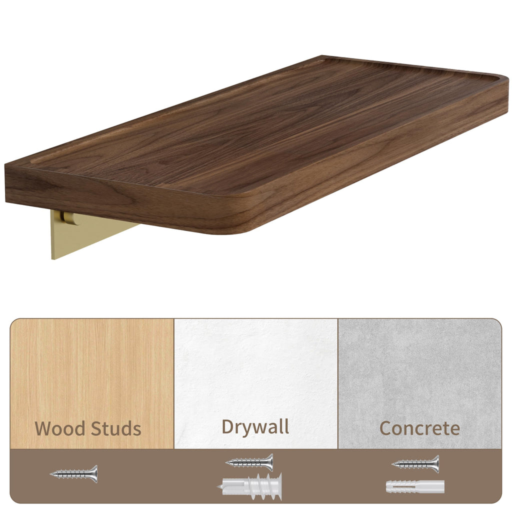 8 Inch Solid Wood Wall Shelf for Storage, Wall Mounted Rustic Walnut Wood Shelves