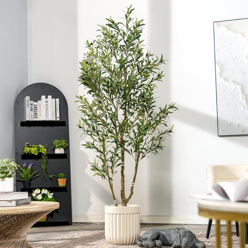 6ft Faux Olive Tree with White Pot & Moss, Artificial Olive Tree Indoor Outdoor, PE/PVC Leaves, Realistic Resin Trunk