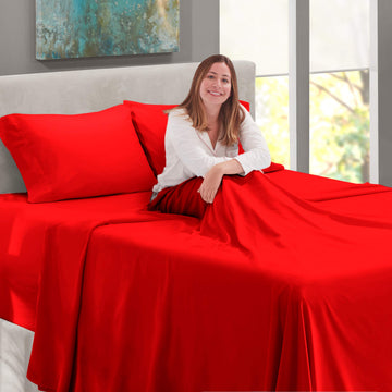 Extra Deep Pocket Sheet Set - Cherry Red, 4 Piece, Microfiber, 18-24 Inches Deep, Stripe Pattern