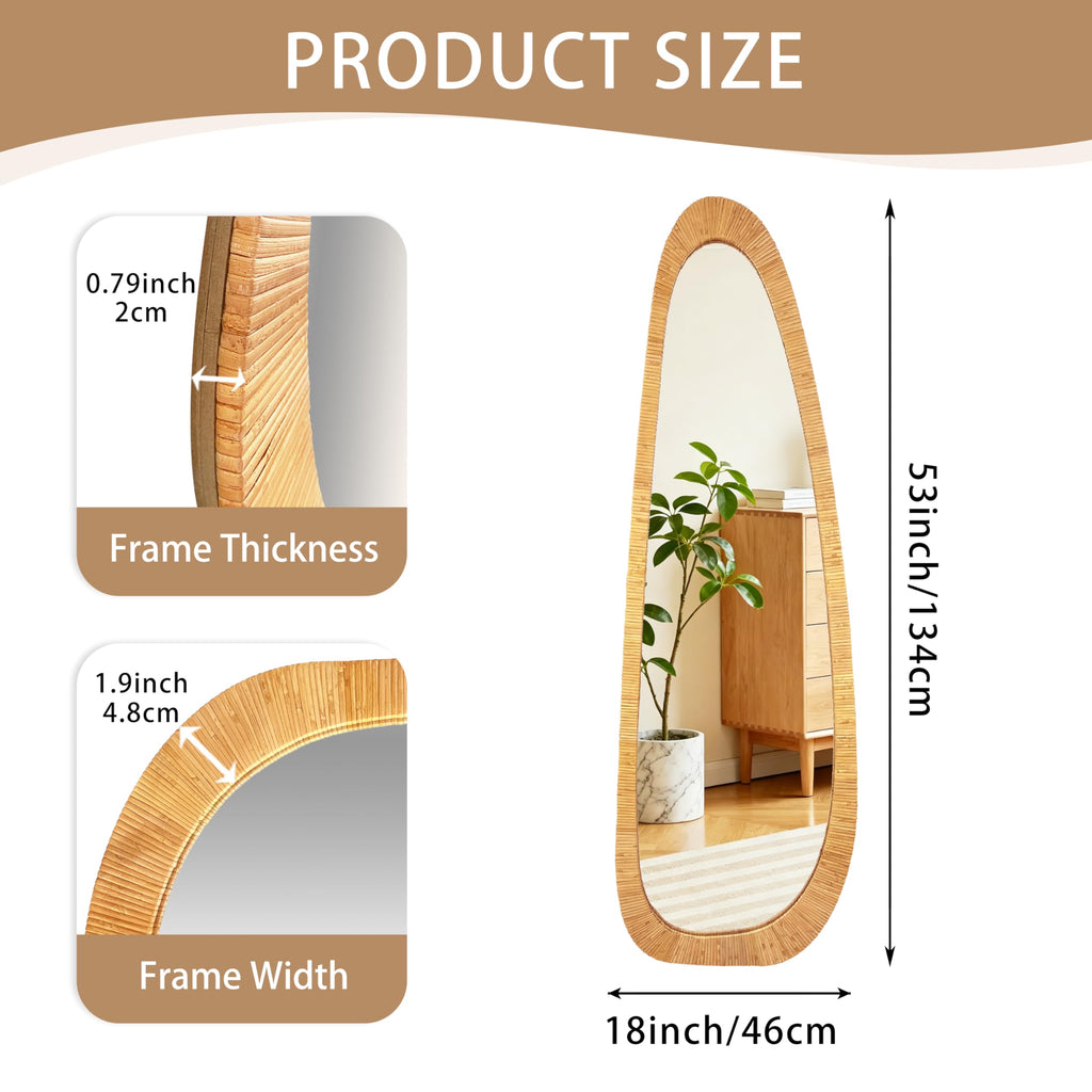 Boho Long Rattan Mirror, 53" Full Length Irregular Mirror for Wall