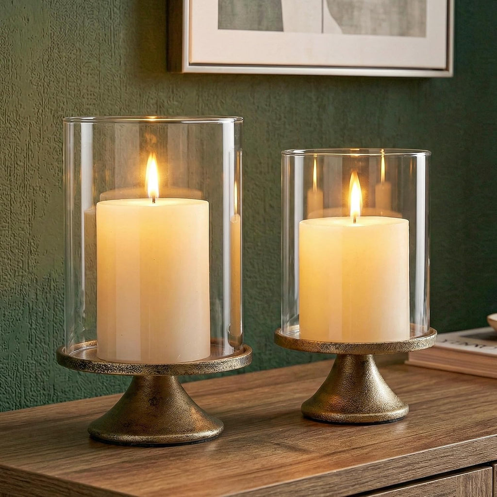 Set of 2 Hurricane Candle Holder Set with Glass Dome & Iron Base - Elegant Decorative Pillar Candle Holders