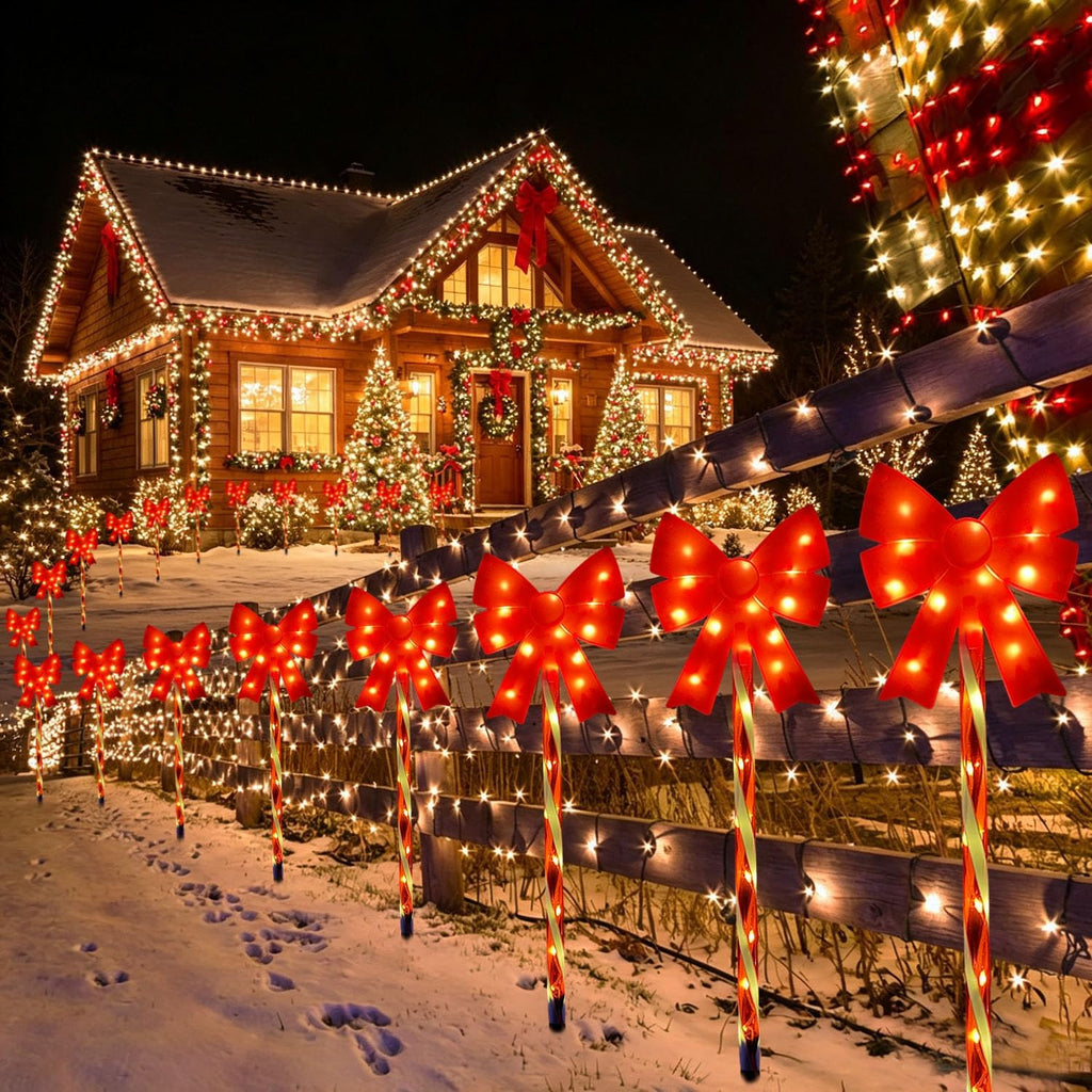 Outdoor Christmas Decorations Solar Pathway Lights, Set of 5 Red Bow Candy Stake Lights, Waterproof Solar Christmas