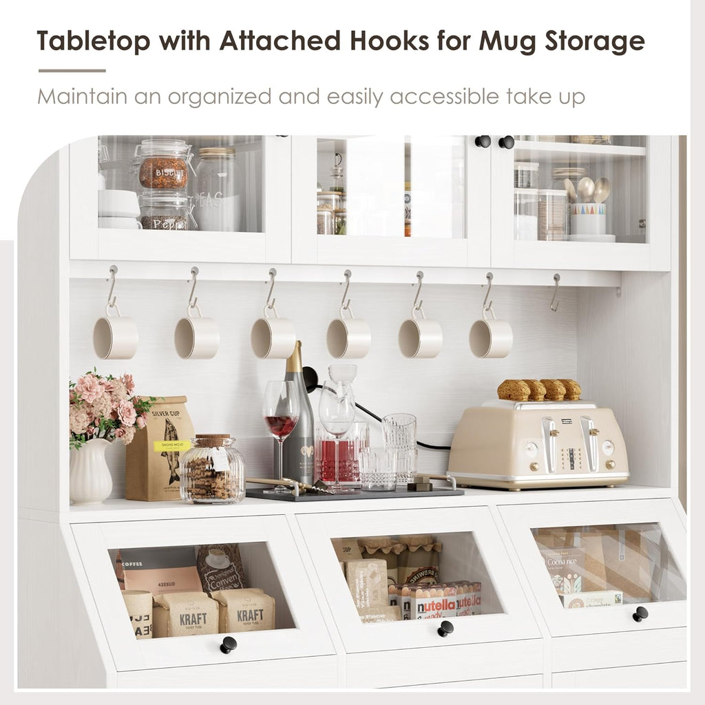 71.4" H Kitchen Hutch Pantry Cabinet with 3 Bread Boxes&7 Metal Hooks | Farmhouse Kitchen Hutch Cabinet with Storage