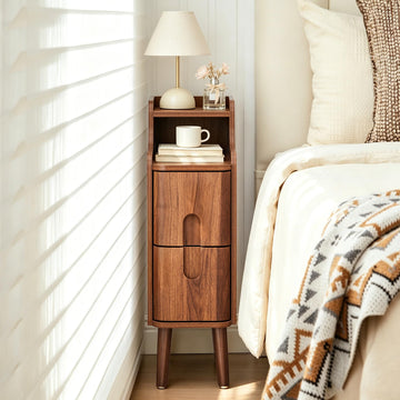 Narrow Nightstand, Wooden 2 Drawer, Walnut