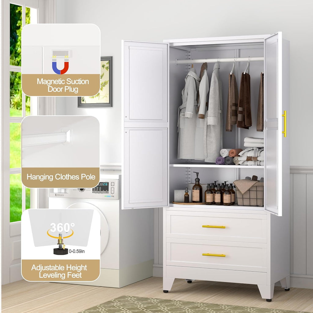 Metal Wardrobe Cabinet with Hanging Rod, Clothing Storage Cabinets | with 2 Door, 1 Adjustable Shelf and 2 Drawers