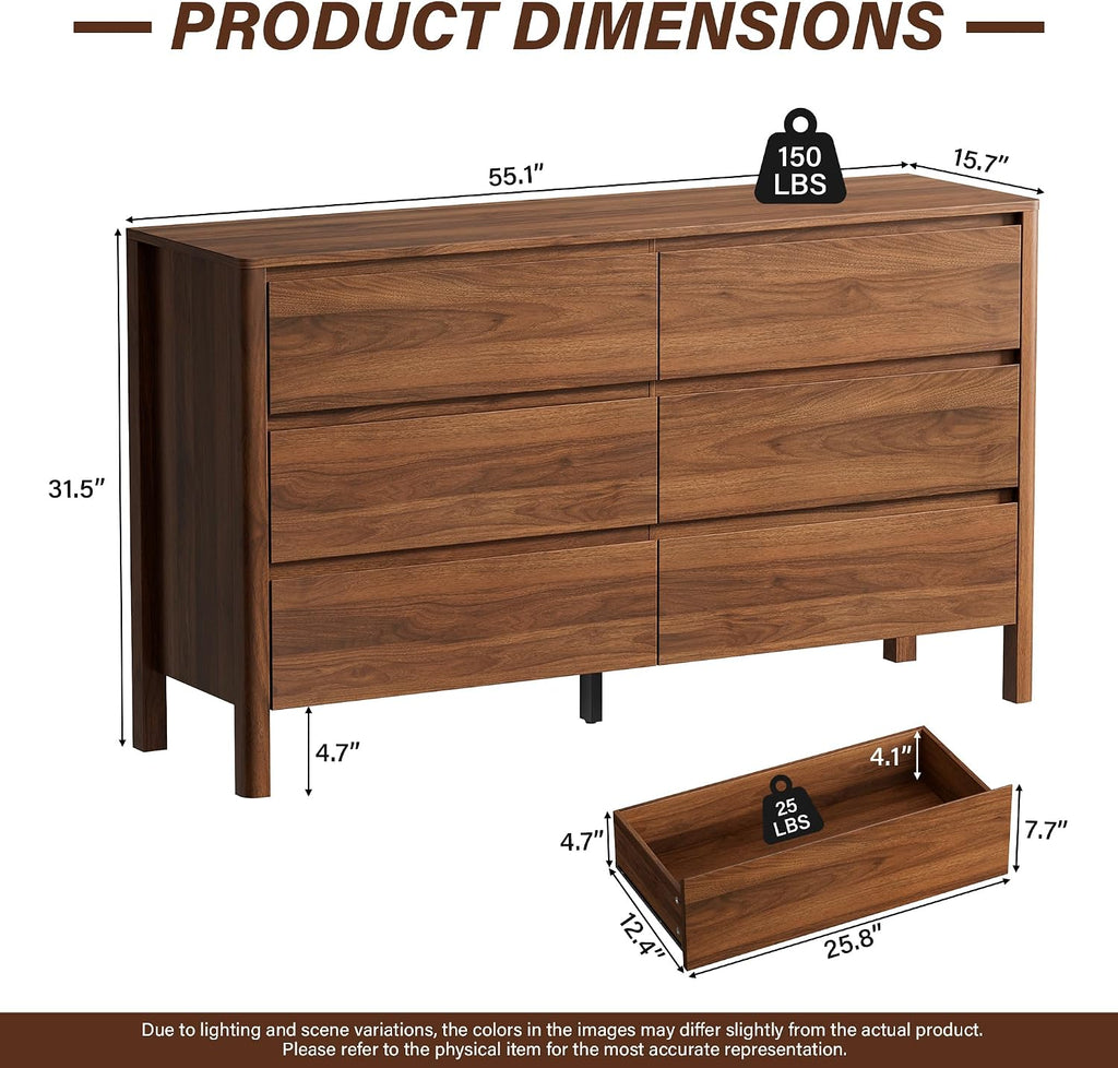 55" Mid-Century Modern Dresser , 6 Drawer Wide Chest of Drawers with Wood Legs, Large Storage Bedroom Dresser, Walnut