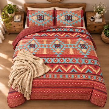 Rustic Western Southwestern Native American Indian Tribal Navajo Quilted Bedspread Set in Turquoise Red Burgundy