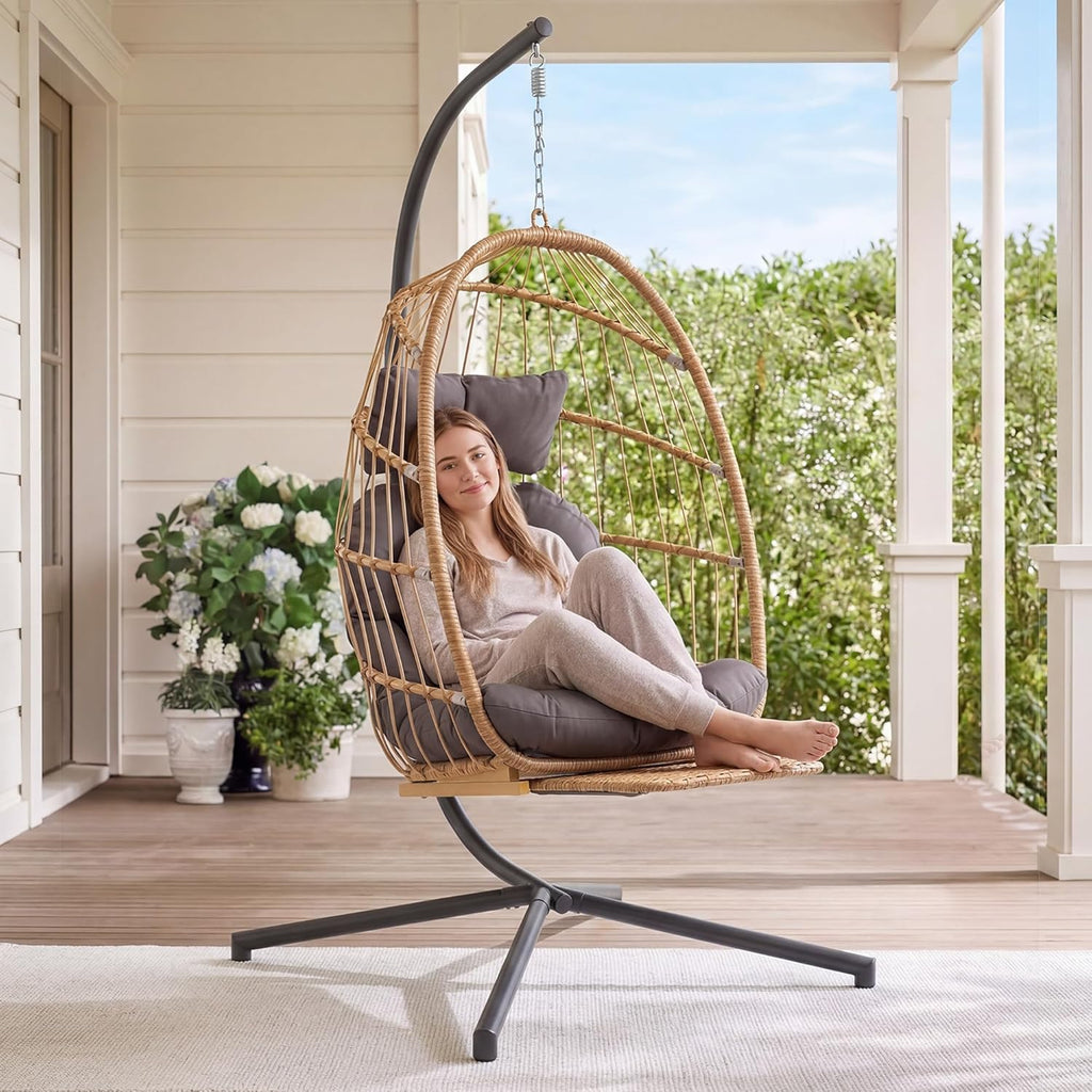 Hanging Egg Chair with Stand & Footrest | Hammock Egg Chairs with Footrest and UV Resistant Cushion for Indoor