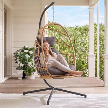 Hanging Egg Chair with Stand & Footrest | Hammock Egg Chairs with Footrest and UV Resistant Cushion for Indoor
