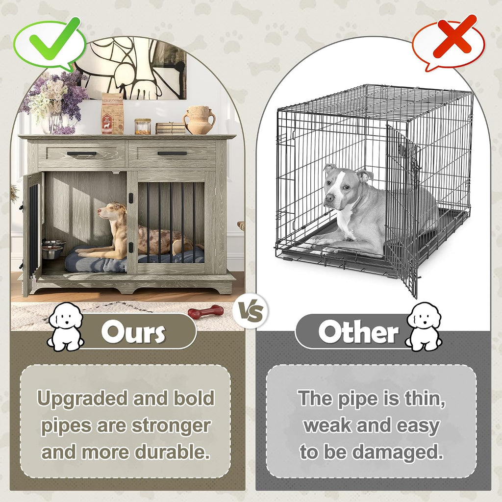 44.48" Large Dog Crate Furniture with 2 Drawers and Rotating Bowls (Gray)