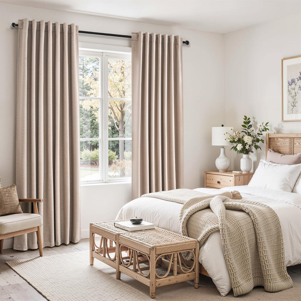 72 Inch Blackout Curtains Heat Blocking Linen Blended Energy Efficient Insulated Boho Farmhouse Cabin Closet Natural