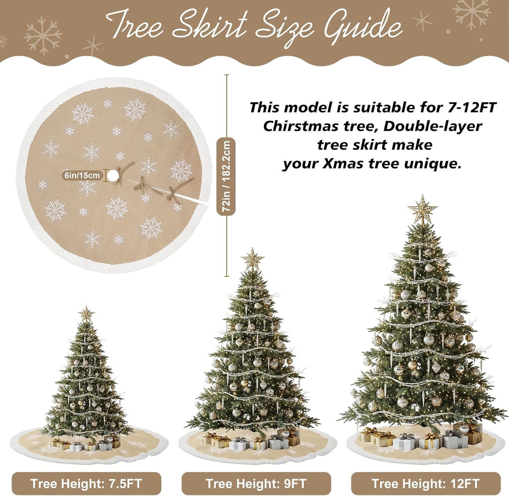 72 inch Christmas Tree Skirt, Burlap Tree Skirt for 7.5 ft Tree to 12 ft Tree, Large Snowflake Tree Skirt with Faux