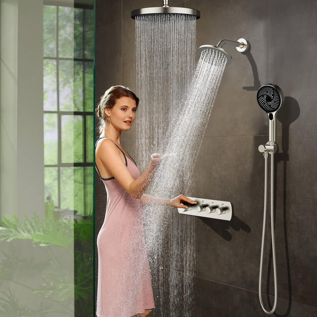 Shower System Brass Thermostatic Shower Faucet Set With Valve and Diverter Shower Mixer with 2 Rain Shower Head and