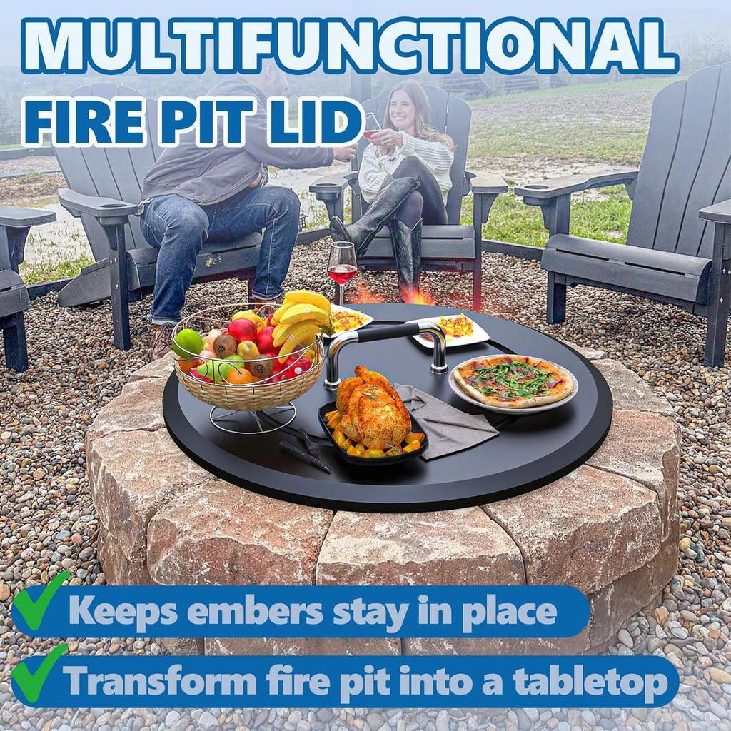 Fire Pit Lid 25.6"-Heavy-Duty Metal Cover with Handle, All-Season Protection