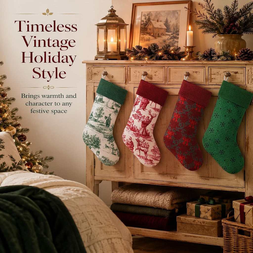 4 Pcs 20" Vintage Christmas Stockings Large Toile Xmas Stockings