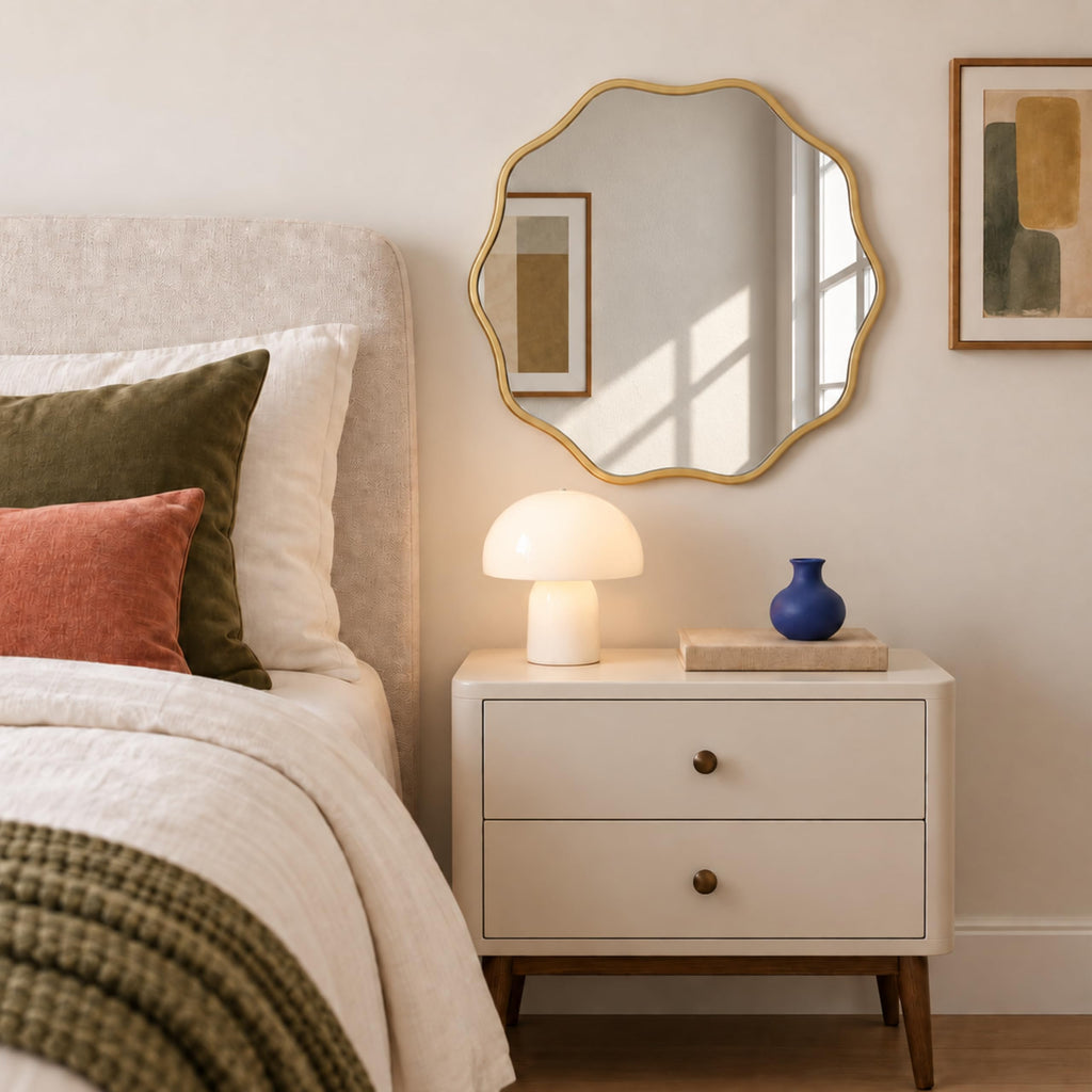 Gold Scalloped Mirror, 24'' Round Wall Mirrors Wavy Wood Framed Nursery Bedroom Living Room Entryway, Decorative
