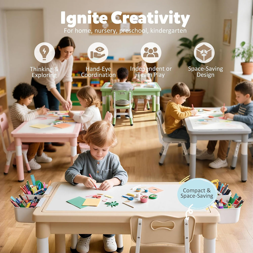 Kids Table and Chairs Set Large Storage, Height Adjustable