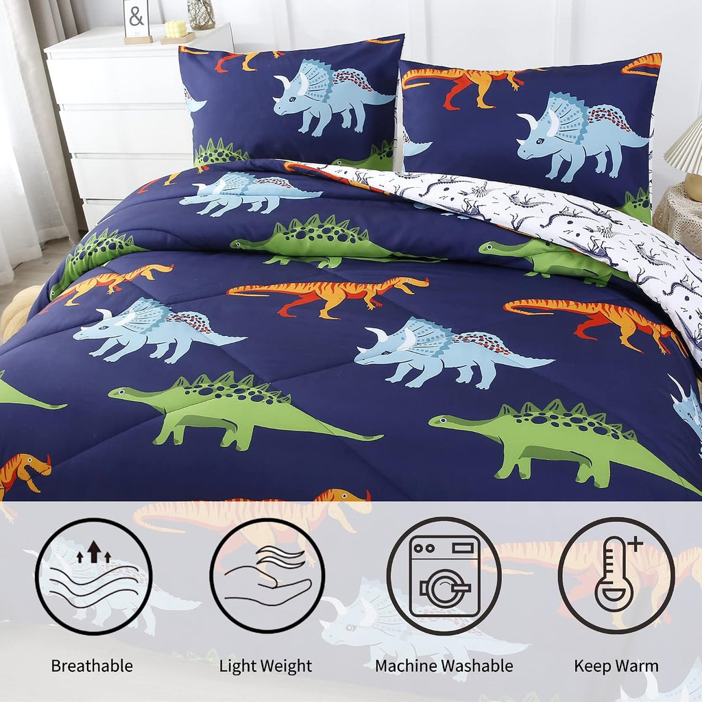 Cartoon Dinosaur Comforter Set, Dark Blue Dinosaur Kids Bedding Set for Boys, Dinosaurs Print Comforter Sets for Kids/Toddlers/Teens (Dinosaur,Full)