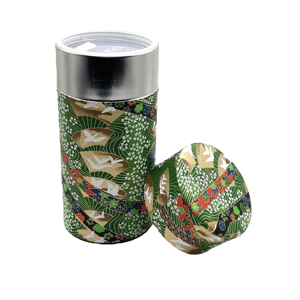 Japanese Tea Canister Tin Crane on a Fan Green/Double Lid/Japanese YUZEN Washi Paper Pasted /200g Tea Capacity/Loose