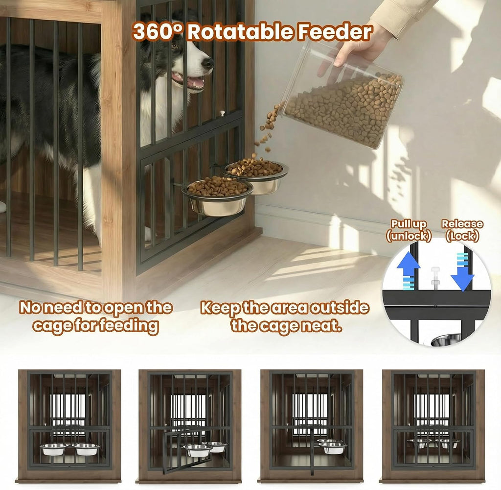 71" Dog Crate Furniture for 2 Dogs, Heavy Duty Large Dog Kennel with 3 Fluted Drawers, Waterproof Tabletop, Type-C