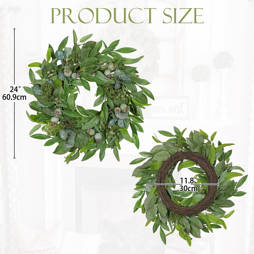 24" Artificial Greenery Wreath for Front Door, Fake Magnolia Leaf Silk Wreath with Berries, Outdoor Faux Eucalyptus