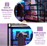 Full Loft Bed with Desk & Storage Stairs, Metal Full Loft Bed Frame with Iron Nets, LED Lights & USB Ports