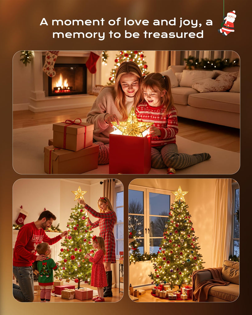 Christmas Star Tree Topper, Plug in Sliver Glittered 3D Star Tree Topper, Metal Hollow Designed Built-in 10 Bulbs