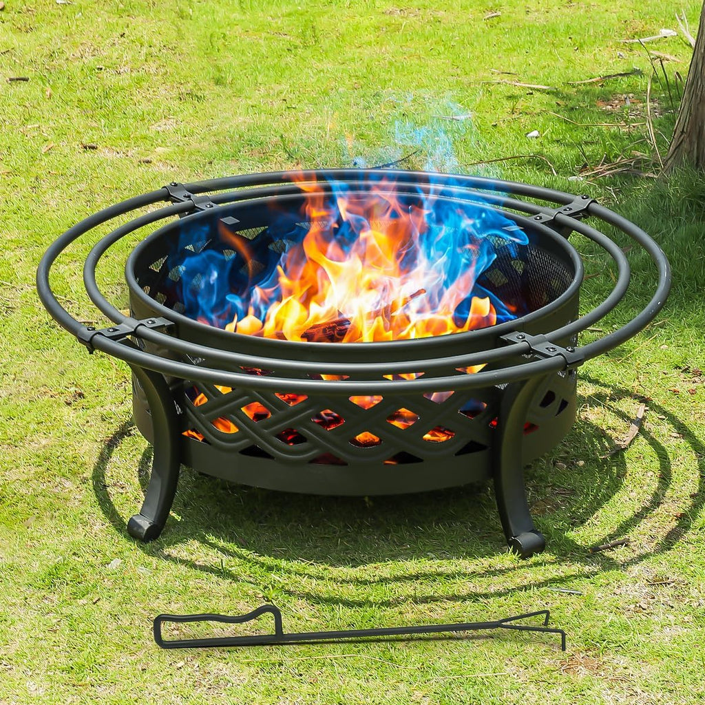 36 Inch Fire Pit with 2 Loops,Crossweave Wood Burning Fire Pits for Outside,with Spark Screen,Fire Poker,Round Outdoor F
